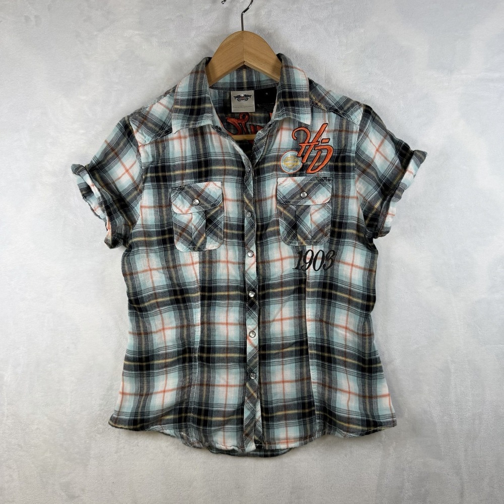 Harley Davidson Womens Shirt Size Small Short Sleeve Button Up Plaid Logo